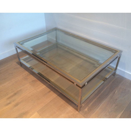 Image 1 of Table basse vintage en chrome et boules de laiton avec double plateau, France 1970
