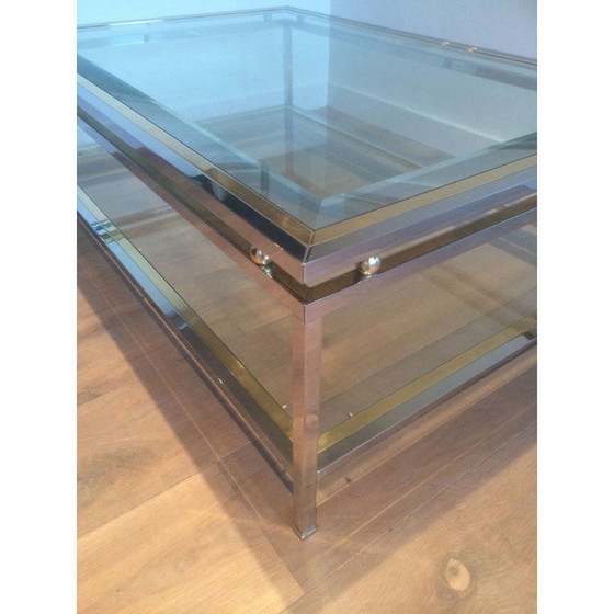 Image 1 of Table basse vintage en chrome et boules de laiton avec double plateau, France 1970