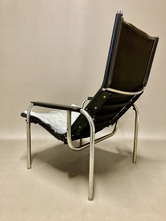 Image 1 of Fauteuil Relax Inclinable Cuir Noir Design "Hans Eichenberger" 1960