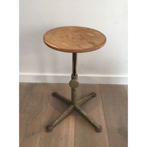 Tabouret industriel vintage en acier et bois, réglable en hauteur, années 1900