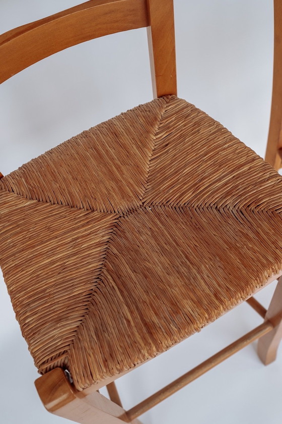 Image 1 of Ensemble de 2 tabourets de bar vintage en bois avec assise encastrée