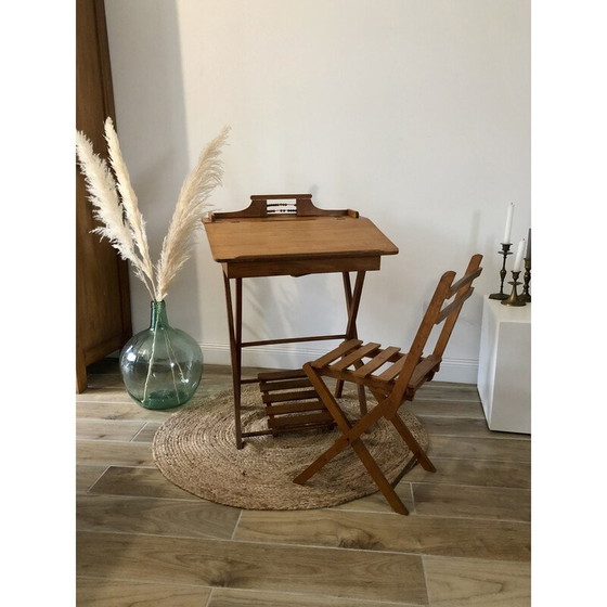 Image 1 of Bureau d'enfant vintage en hêtre avec chaise par Clerc Pampo, France 1950s