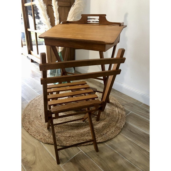 Image 1 of Bureau d'enfant vintage en hêtre avec chaise par Clerc Pampo, France 1950s