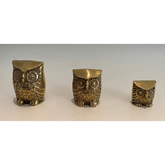 Image 1 of Ensemble de 3 petits hiboux décoratifs vintage en laiton, 1970