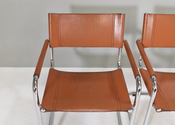 Image 1 of 4x S34 chaises de salle à manger en cuir cognac par Mart Stam pour Fasem Italie, 1960-1970