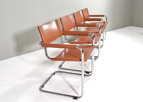 Image 1 of 4x S34 chaises de salle à manger en cuir cognac par Mart Stam pour Fasem Italie, 1960-1970