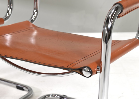 Image 1 of 4x S34 chaises de salle à manger en cuir cognac par Mart Stam pour Fasem Italie, 1960-1970