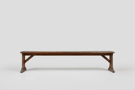 Image 1 of Banc rustique français en chêne avec sculptures et belle patine, 1850S