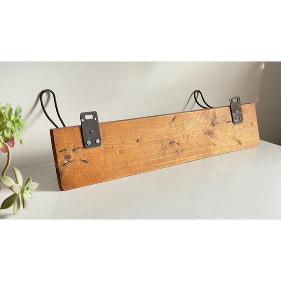 Image 1 of Porte-manteau scolaire vintage en bois et acier avec 3 crochets