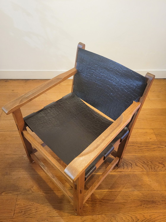 Image 1 of Fauteuils brutalistes en chêne et cuir sellier 1960