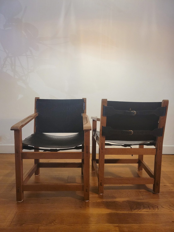 Image 1 of Fauteuils brutalistes en chêne et cuir sellier 1960