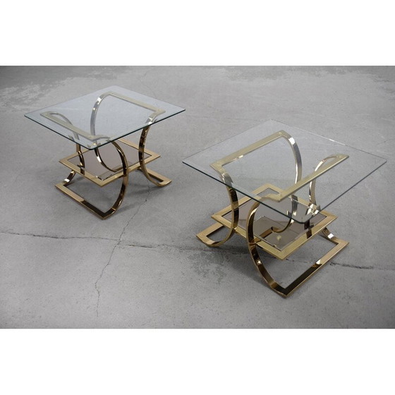 Image 1 of Paire de tables basses vintage en métal doré et verre, Italie 1960