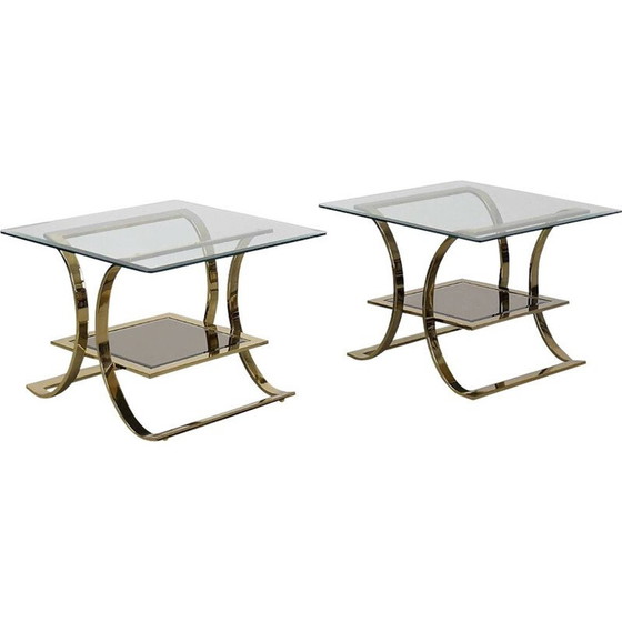 Image 1 of Paire de tables basses vintage en métal doré et verre, Italie 1960