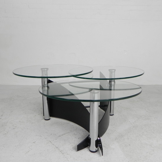 Image 1 of Table basse design avec 3 plateaux en verre rotatifs, années 1980