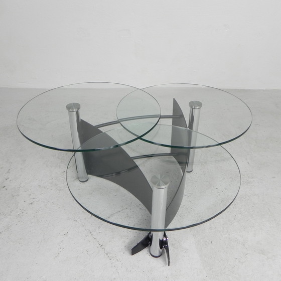 Image 1 of Table basse design avec 3 plateaux en verre rotatifs, années 1980