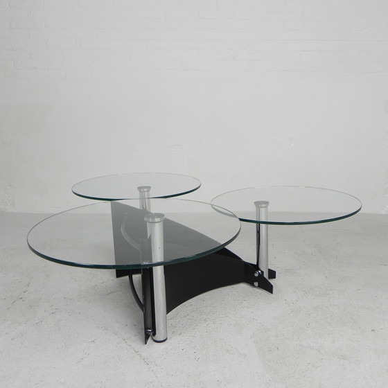 Image 1 of Table basse design avec 3 plateaux en verre rotatifs, années 1980