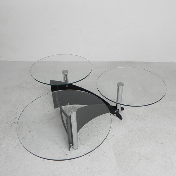 Image 1 of Table basse design avec 3 plateaux en verre rotatifs, années 1980