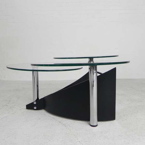 Image 1 of Table basse design avec 3 plateaux en verre rotatifs, années 1980