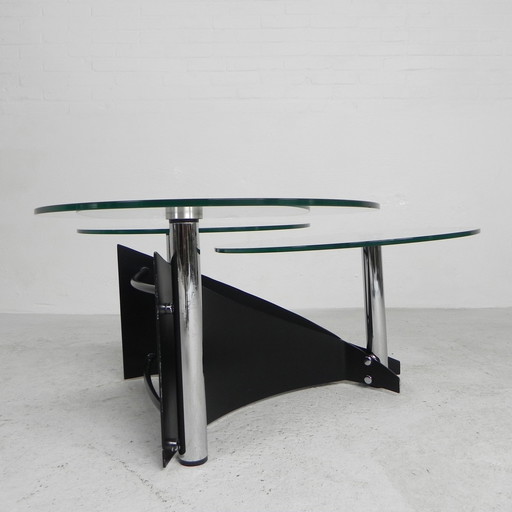 Table basse design avec 3 plateaux en verre rotatifs, années 1980