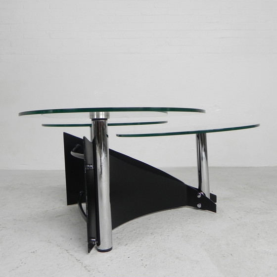 Image 1 of Table basse design avec 3 plateaux en verre rotatifs, années 1980