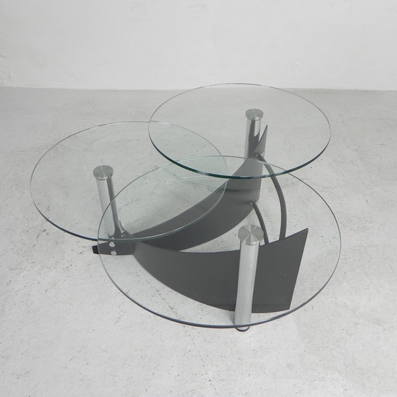 Image 1 of Table basse design avec 3 plateaux en verre rotatifs, années 1980