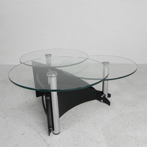 Table basse design avec 3 plateaux en verre rotatifs, années 1980