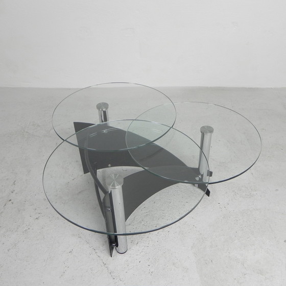 Image 1 of Table basse design avec 3 plateaux en verre rotatifs, années 1980