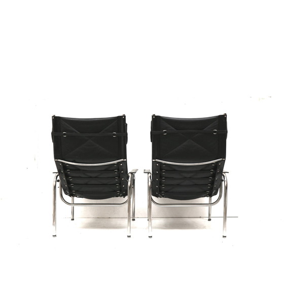 Image 1 of 2X Fauteuil vintage en cuir noir Strässle He1106 Designé par Hans Eichenberger