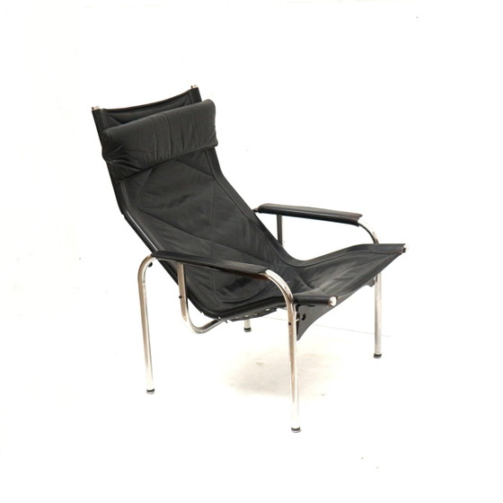 Image 1 of 2X Fauteuil vintage en cuir noir Strässle He1106 Designé par Hans Eichenberger