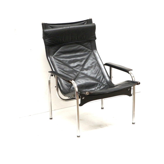 Image 1 of 2X Fauteuil vintage en cuir noir Strässle He1106 Designé par Hans Eichenberger