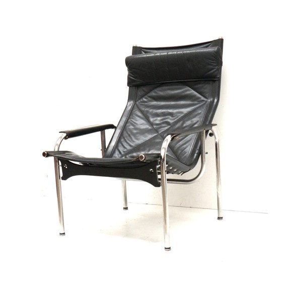 Image 1 of 2X Fauteuil vintage en cuir noir Strässle He1106 Designé par Hans Eichenberger