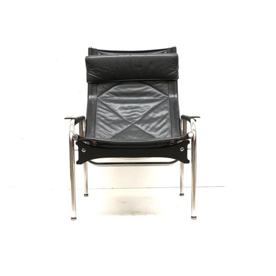 Image 1 of 2X Fauteuil vintage en cuir noir Strässle He1106 Designé par Hans Eichenberger