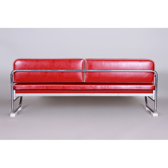 Image 1 of Fauteuil vintage en cuir rouge cerise des usines Slezak, années 1930