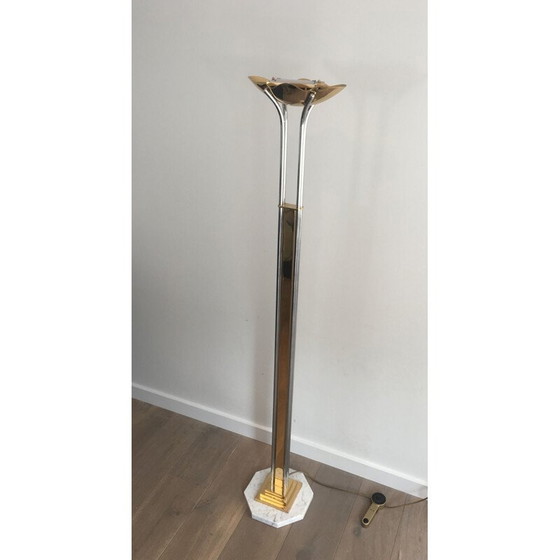 Image 1 of Lampadaire vintage en chrome, laiton et marbre 1970