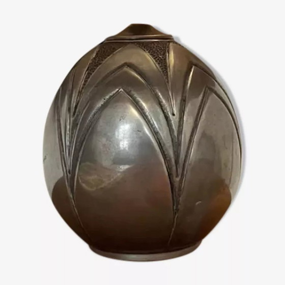 Image 1 of Lampe Vintage En Dinanderie René Delavan, Étain Et Raphia