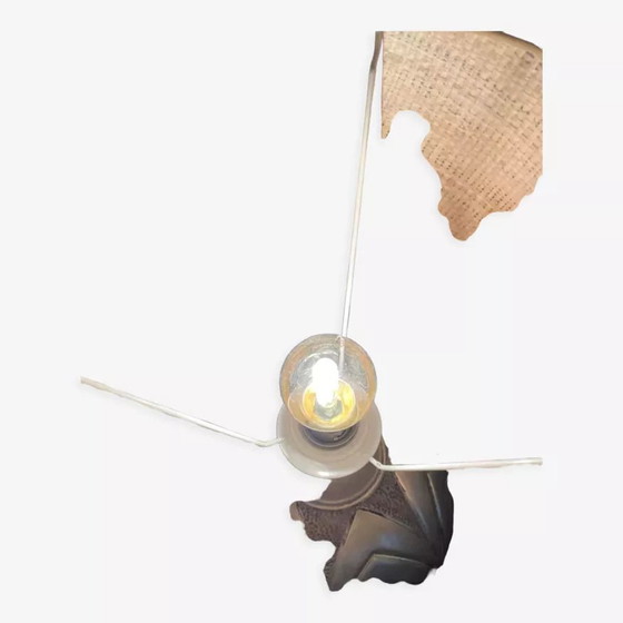Image 1 of Lampe Vintage En Dinanderie René Delavan, Étain Et Raphia