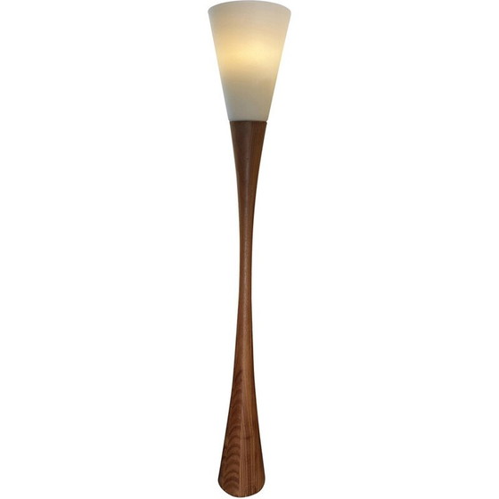 Image 1 of Lampadaire vintage "Diabolo" en bois naturel et verre opalin par Joseph-André Motte pour Disderot, 1960