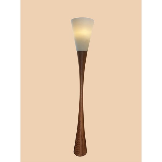 Image 1 of Lampadaire vintage "Diabolo" en bois naturel et verre opalin par Joseph-André Motte pour Disderot, 1960