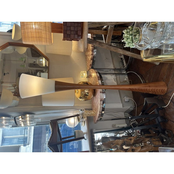 Image 1 of Lampadaire vintage "Diabolo" en bois naturel et verre opalin par Joseph-André Motte pour Disderot, 1960