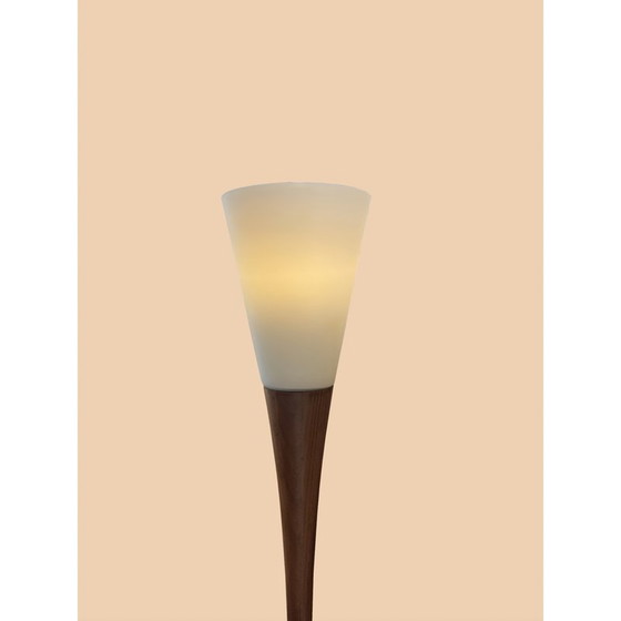 Image 1 of Lampadaire vintage "Diabolo" en bois naturel et verre opalin par Joseph-André Motte pour Disderot, 1960