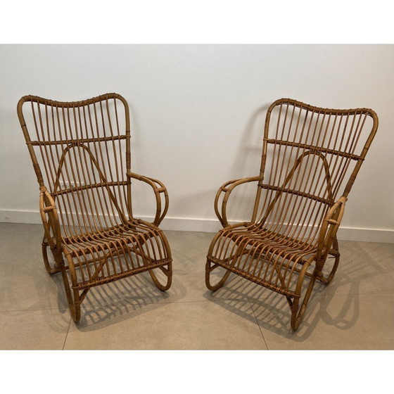Image 1 of Paire de fauteuils design en rotin. Travail français. Circa 1950