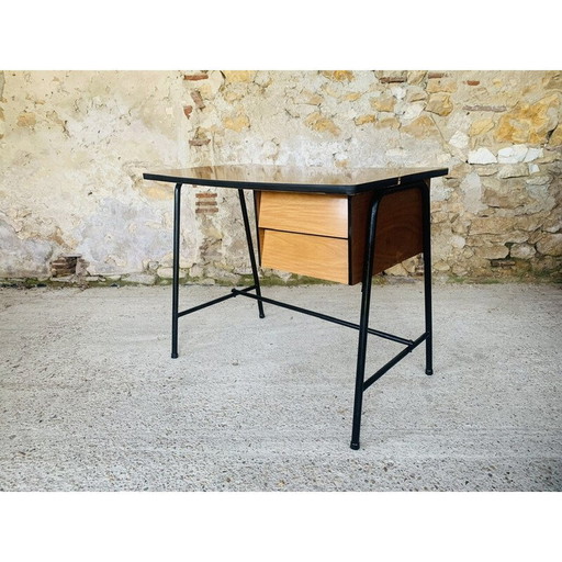 Bureau vintage en métal et formica noir avec 2 tiroirs, 1960