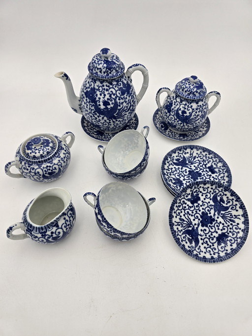 Service À Thé En Porcelaine Fine Japonaise - Modèle Phénix Bleu Et Blanc