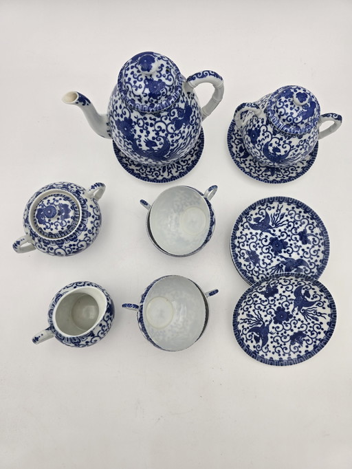 Service À Thé En Porcelaine Fine Japonaise - Modèle Phénix Bleu Et Blanc