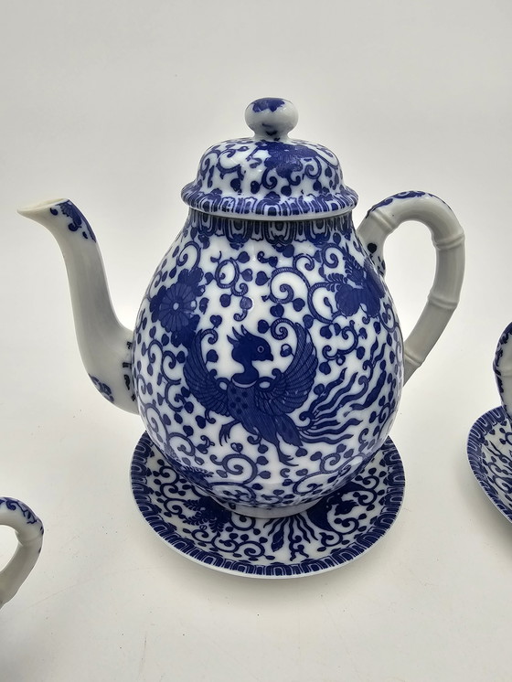 Image 1 of Service À Thé En Porcelaine Fine Japonaise - Modèle Phénix Bleu Et Blanc