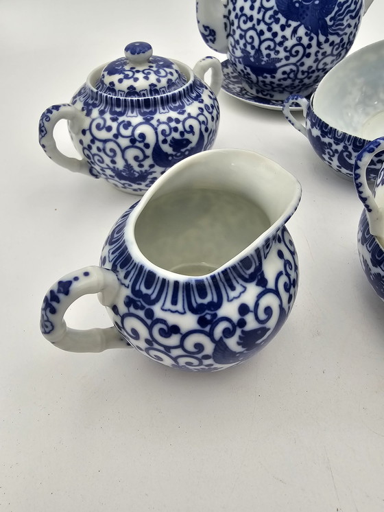 Image 1 of Service À Thé En Porcelaine Fine Japonaise - Modèle Phénix Bleu Et Blanc