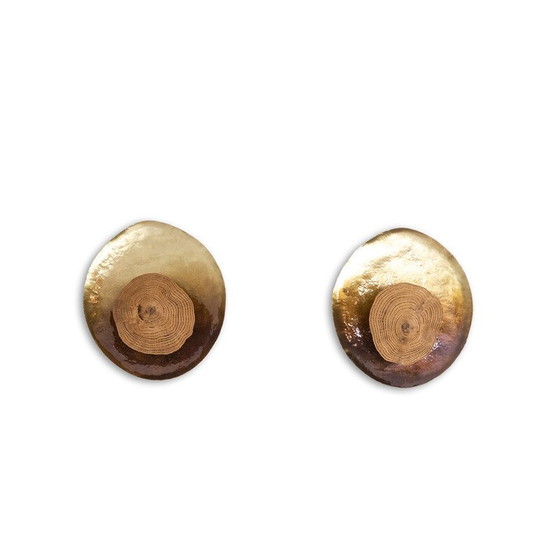 Image 1 of Paire d'appliques vintage "Martincourt" en dentelle de bois et laiton patiné