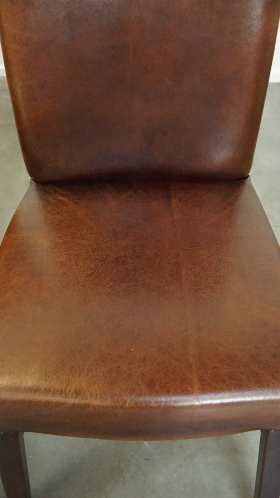 Image 1 of 6 X Chaise de salle à manger en cuir de mouton marron foncé