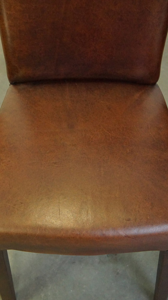 Image 1 of 6 X Chaise de salle à manger en cuir de mouton marron foncé