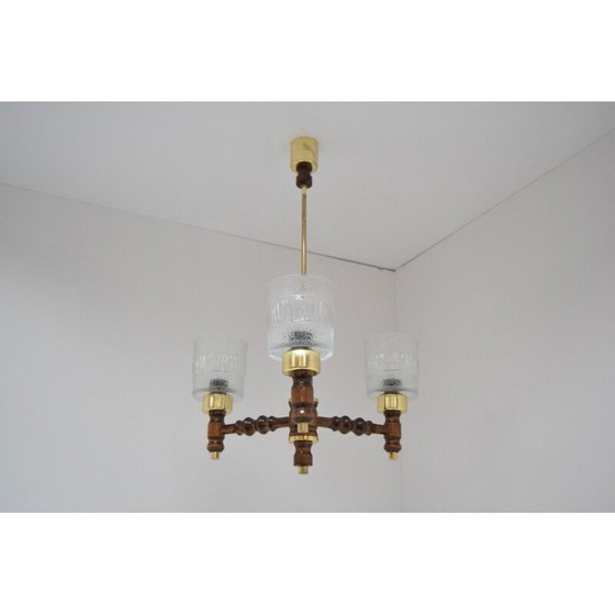 Image 1 of Lustre vintage en bois et laiton par Jilove u Decina, Tchécoslovaquie 1970